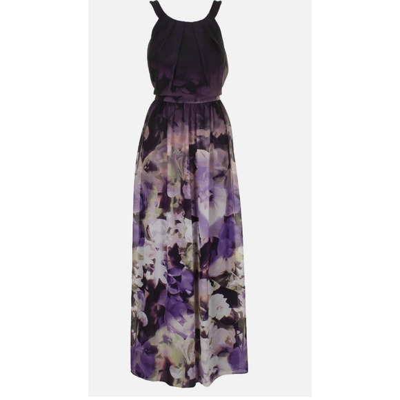 Betsy Adam Dress Women 8P Purple Floral Print Sleeveless‎ Chiffon Halter Gown - Picture 1 of 9